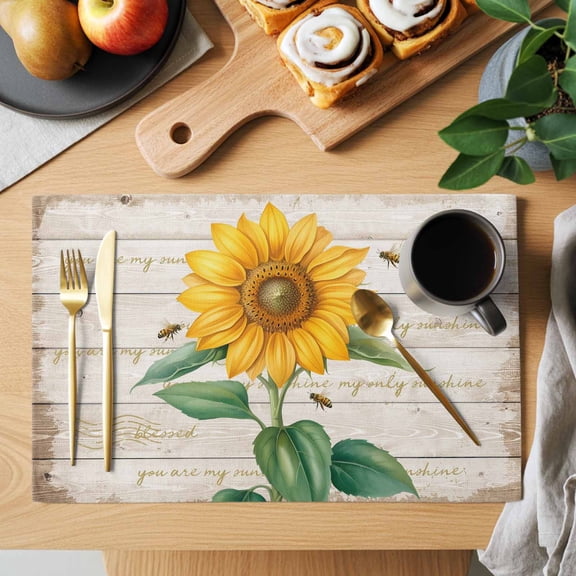 Table Placemats Set of 6 Rustic Country Sunflower Bee Washable Place Mats Farmhouse Wooden Board Non-Slip Insulation Table Mats for Kitchen Dining Party Decoration,13x19 Inch