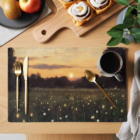 Table Placemats Set of 6 Rustic Grass Sunset Field Washable Place Mats Animals Fireflies Pattern Non-Slip Insulation Table Mats for Kitchen Dining Party Decoration,13x19 Inch