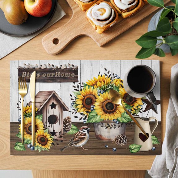 Table Placemats Set of 6 Rustic Retro Wood Plank Bird Washable Place Mats Country Bird Sunflower Pine Cone Non-Slip Insulation Table Mats for Kitchen Dining Party Decoration,13x19 Inch