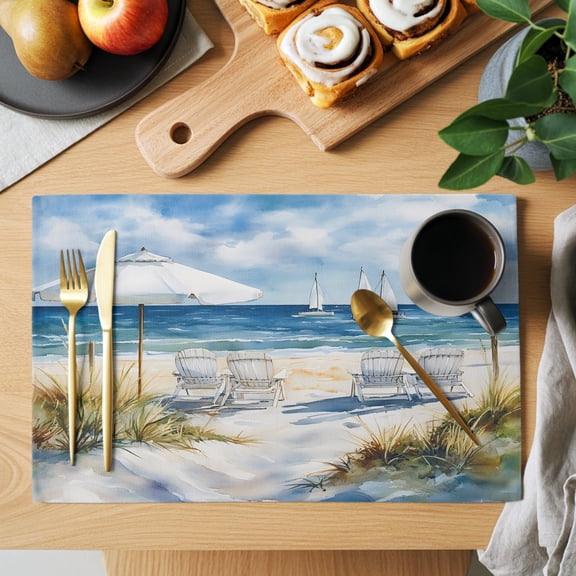Table Placemats Set of 6 Summer Seaside Beach Chair Sun Umbrella Washable Place Mats Ocean Ship Non-Slip Insulation Table Mats for Kitchen Dining Party Decoration,13x19 Inch
