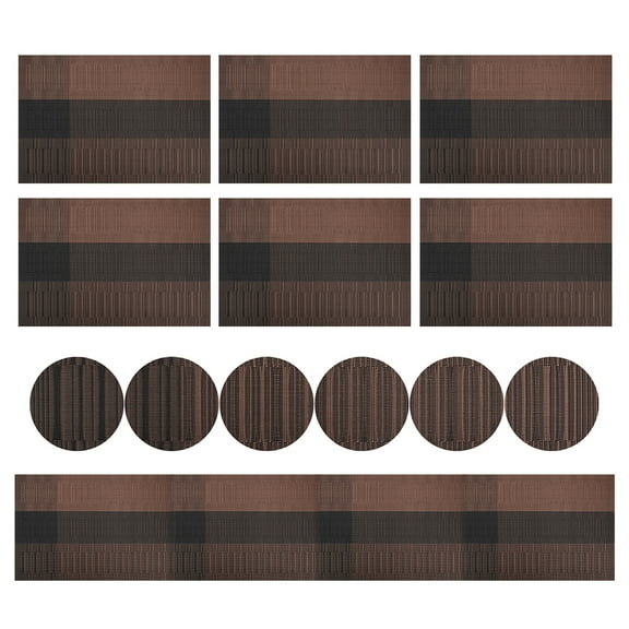 Table Placemats Set of 6 with Table Runner Crossweave Woven Vinyl Wipe Clean Heat Resistant Washable Table Mats and Runner Set for Dining Table, Ombre Coffee Black