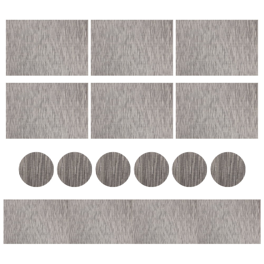 Table Placemats Set of 6 with Table Runner Crossweave Woven Vinyl Wipe Clean Heat Resistant Washable Table Mats and Runner Set for Dining Table, Sliver Gray