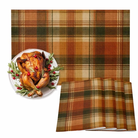 Table Placemats Set of 6,Vintage Fall Brown Lattice Plaid Non-Slip Kitchen Dining Tables Place Mat,Autumn Buffalo Check Linen Table Mats for Home Dinner Holiday Party Banquet