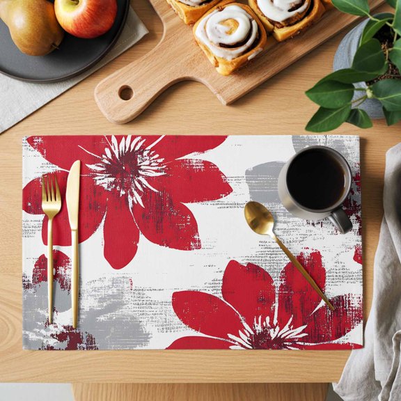 Table Placemats Set of 6 Vintage Summer Red Grey Flowers Washable Place Mats Rustic Blossom Floral Field Non-Slip Insulation Table Mats for Kitchen Dining Party Decoration,13x19 Inch