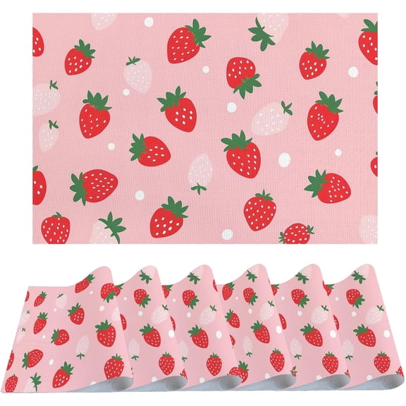 Table Placemats Set of 6,Washable Wipeable PVC Vinyl Woven,Heat Resistant Placemats for Dining Tables,11.7x17.5 Inch Place Mats Indoor Set of 6,Fruit Strawberry