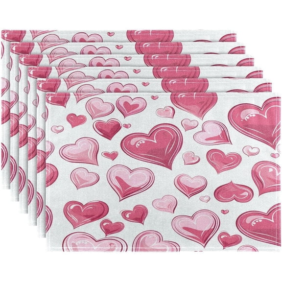 Table Placemats Set of 4 Pink Heart Pattern Cotton Linen Cloth Washable Table Mats Heat Resistant Reusable Place Mat for Kitchen Dining 12x18 Inch