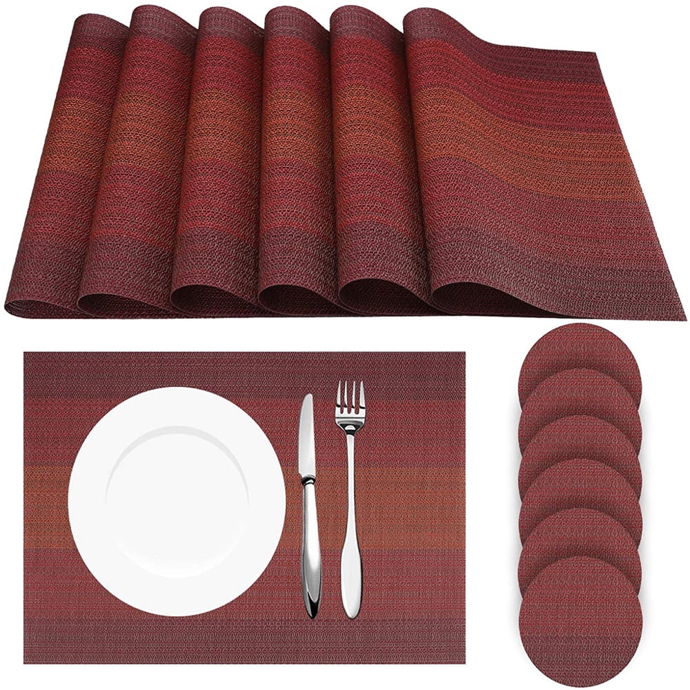 Red Woven Vinyl Heat Resistant Placemats Set with Coasters