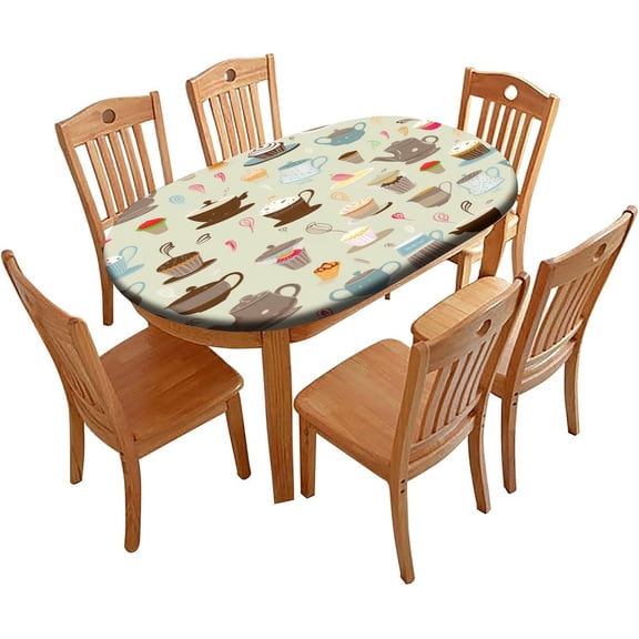 Table Protector, Cartoon Tea and Cake Pattern Printed on Oval Plastic Table Cover, Table Protector for Dining Room Table, Fits for 48" x 68" Oval Table