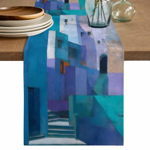 Table Runner - 108 Inch Long, Abstract Blue Kitchen Dining Table Runner Dresser Scarves, Painting Buildings Geometric Color Block Farmhouse Decor for Coffee Tables Wedding Party Banquet