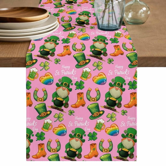 Table Runner - 108 Inch Long, Saint Patrick's Day Kitchen Dining Table Runner Dresser Scarves, Pink Gnomes Hat Boot Clovers Love Farmhouse Decor for Coffee Tables Wedding Party Banquet