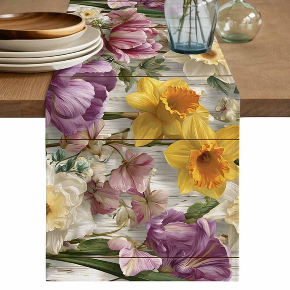 Table Runner - 108 Inch Long, Spring Floral Kitchen Dining Table Runner Dresser Scarves, Farmhouse Flowers Watercolor Botanical Elegant Farmhouse Decor for Coffee Tables Wedding Party Banquet
