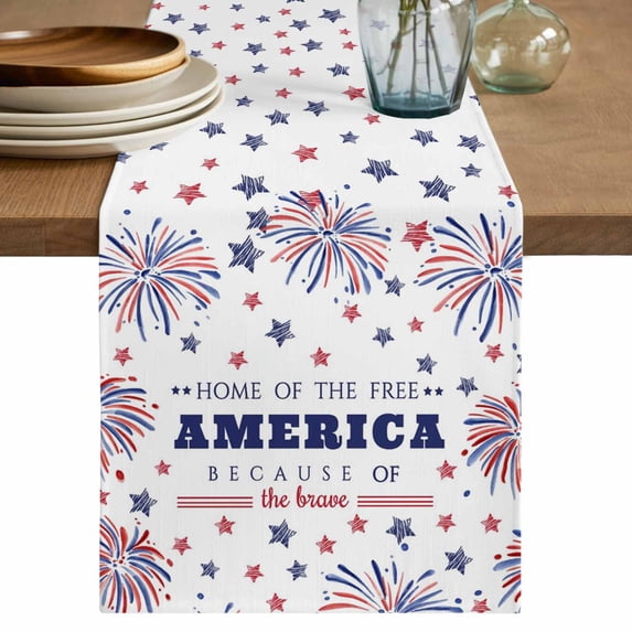Table Runner 108 Inches Long for Kitchen Dining, 4th of July Dresser Scarf Farmhouse, Dining Table Decorations for Wedding/Parties, Independence Day Blue Red Star Fireworks 13 x 108 In