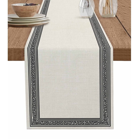 Table Runner 108 Inches Long for Kitchen Dining, Beige Geometric Dresser Scarf Farmhouse, Dining Table Decorations for Wedding/Parties, Black Greek Key Design Burlap Modern Art 13 x 108 In