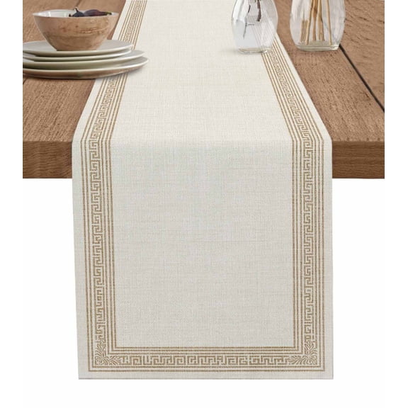 Table Runner 108 Inches Long for Kitchen Dining, Beige Geometric Dresser Scarf Farmhouse, Dining Table Decorations for Wedding/Parties, Brown Greek Key Design Burlap Modern Art 13 x 108 In