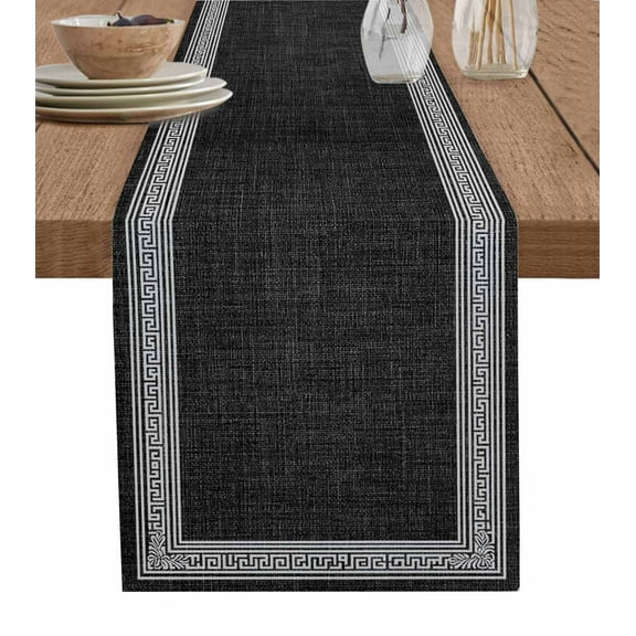 Table Runner 108 Inches Long for Kitchen Dining, Black Geometric Dresser Scarf Farmhouse, Dining Table Decorations for Wedding/Parties, White Greek Key Design Burlap Modern Art 13 x 108 In