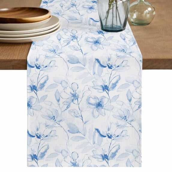 Table Runner 108 Inches Long for Kitchen Dining, Blue Flower Dresser Scarf Farmhouse, Dining Table Decorations for Wedding/Parties, Watercolor Floral Botanical Line Drawing Print 13 x 108 In