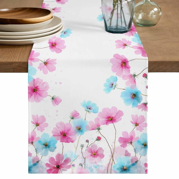 Table Runner 108 Inches Long for Kitchen Dining, Blue Pink Flowers Dresser Scarf Farmhouse, Dining Table Decorations for Wedding/Parties, Spring Garden Floral Watercolor 13 x 108 In