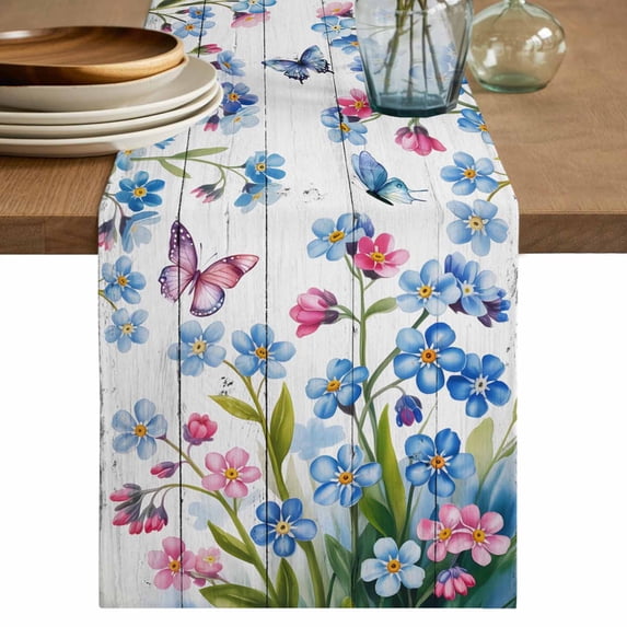 Table Runner 108 Inches Long for Kitchen Dining, Blue Spring Floral Dresser Scarf Farmhouse, Dining Table Decorations for Wedding/Parties, Pink Flowers Butterfly Wooden Watercolor 13 x 108 In