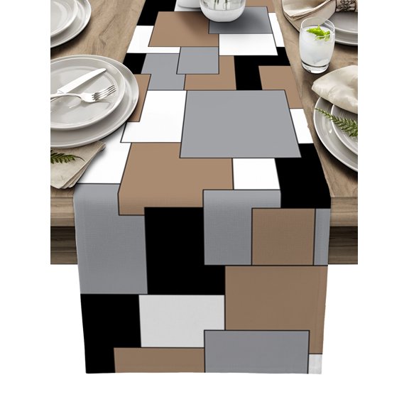 Table Runner 108 Inches Long for Kitchen Dining, Brown Black Grey Dresser Scarf Farmhouse, Dining Table Decorations for Wedding/Parties, Middle Century Irregular Geo Abstract Art 13 x 108 In