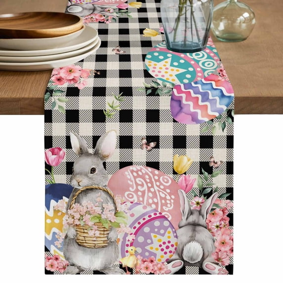Table Runner 108 Inches Long for Kitchen Dining, Bunny Easter Dresser Scarf Farmhouse, Dining Table Decorations for Wedding/Parties, Eggs Plaid Spring Floral Black White Farmhouse 13 x 108 In