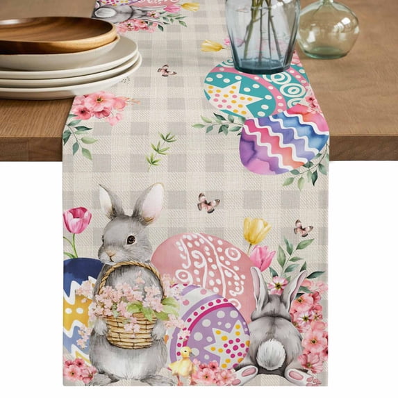 Table Runner 108 Inches Long for Kitchen Dining, Bunny Easter Dresser Scarf Farmhouse, Dining Table Decorations for Wedding/Parties, Eggs Spring Floral Grey Plaid Farmhouse 13 x 108 In