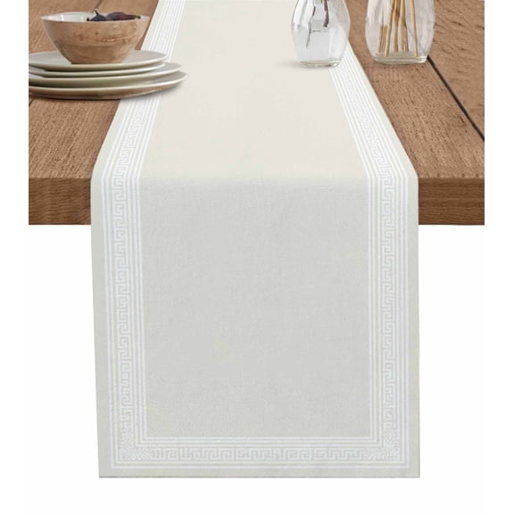 Table Runner 108 Inches Long for Kitchen Dining, Cream Geometric Dresser Scarf Farmhouse, Dining Table Decorations for Wedding/Parties, White Greek Key Design Abstract Modern Art 13 x 108 In