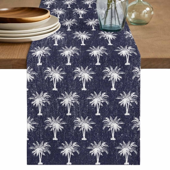 Table Runner 108 Inches Long for Kitchen Dining, Date Tree Dresser Scarf Farmhouse, Dining Table Decorations for Wedding/Parties, Navy Blue Farmhouse Summer Tropical Plants 13 x 108 In