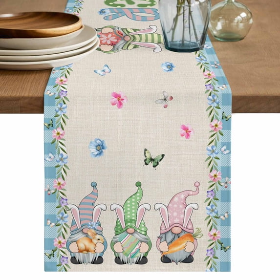 Table Runner 108 Inches Long for Kitchen Dining, Easter Dresser Scarf Farmhouse, Dining Table Decorations for Wedding/Parties, Spring Gnomes Flowers Rabbit Eggs Blue Check 13 x 108 In