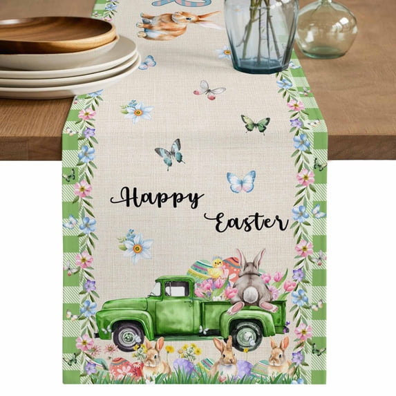 Table Runner 108 Inches Long for Kitchen Dining, Easter Dresser Scarf Farmhouse, Dining Table Decorations for Wedding/Parties, Spring Truck Rabbit Flowers Eggs Green Check 13 x 108 In