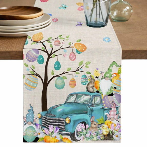Table Runner 108 Inches Long for Kitchen Dining, Easter Dresser Scarf Farmhouse, Dining Table Decorations for Wedding/Parties, Turquoise Truck Colorful Eggs Tree Gnomes Rabbit 13 x 108 In