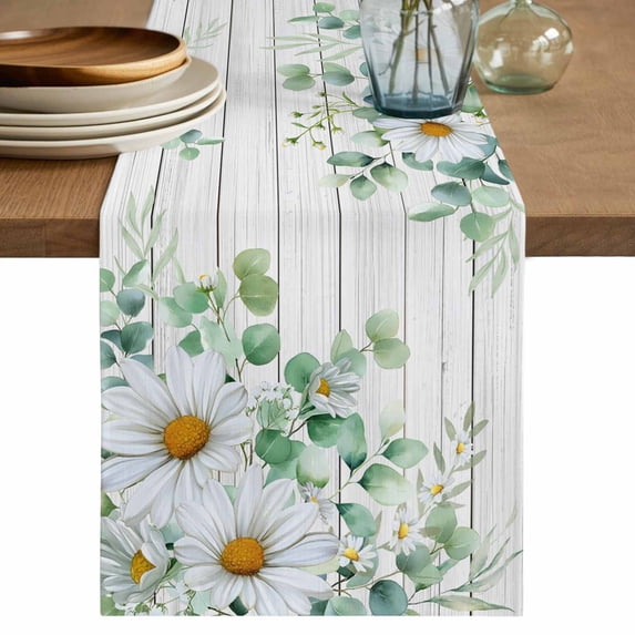 Table Runner 108 Inches Long for Kitchen Dining, Eucalyptus Leaves Dresser Scarf Farmhouse, Dining Table Decorations for Wedding/Parties, Daisy Spring Floral Botanical Wooden 13 x 108 In