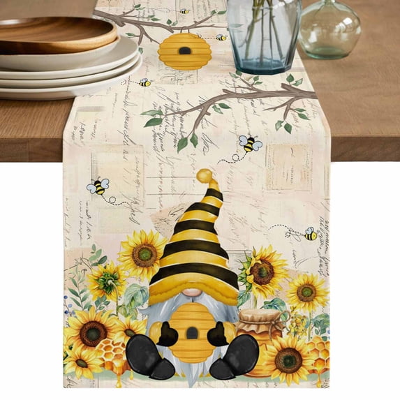 Table Runner 108 Inches Long for Kitchen Dining, Gnomes Sunflower Dresser Scarf Farmhouse, Dining Table Decorations for Wedding/Parties, Bees Branches Floral Watercolor 13 x 108 In