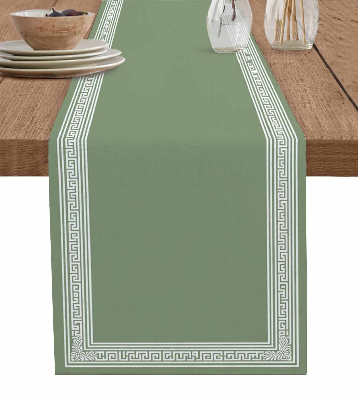 Table Runner 108 Inches Long for Kitchen Dining, Green Geometric Dresser Scarf Farmhouse, Dining Table Decorations for Wedding/Parties, White Greek Key Design Abstract Modern Art 13 x 108 In