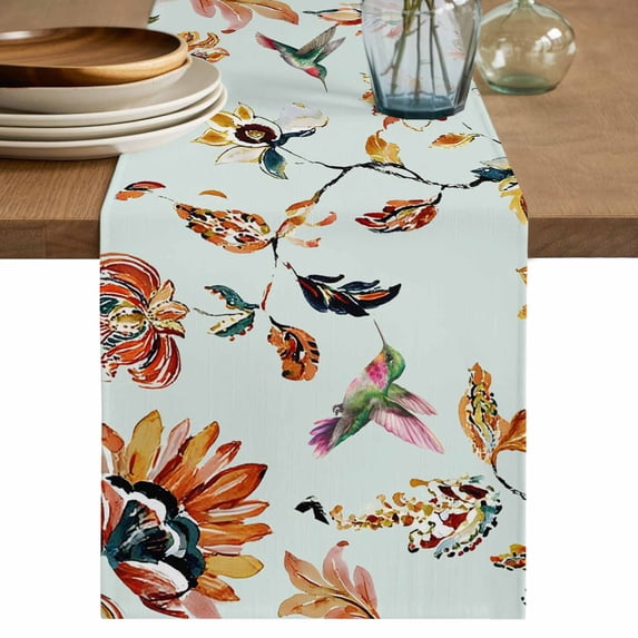 Table Runner 108 Inches Long for Kitchen Dining, Green Spring Floral Dresser Scarf Farmhouse, Dining Table Decorations for Wedding/Parties, Summer Botanical Vintage Birds 13 x 108 In