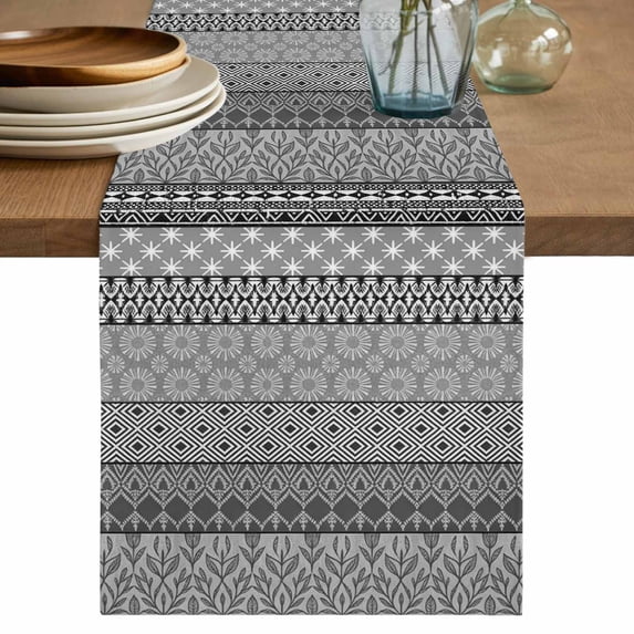 Table Runner 108 Inches Long for Kitchen Dining, Grey Black Boho Dresser Scarf Farmhouse, Dining Table Decorations for Wedding/Parties, Vintage Ethnic Tribe Abstract Art 13 x 108 In