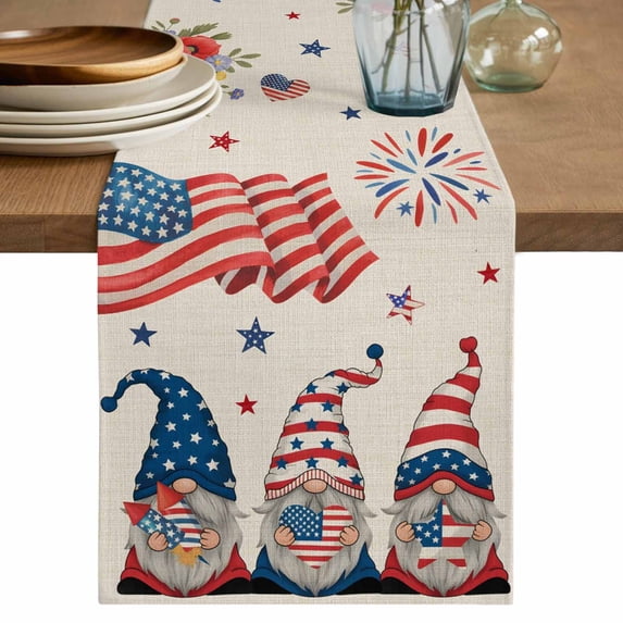 Table Runner 108 Inches Long for Kitchen Dining, Independence Day Dresser Scarf Farmhouse, Dining Table Decorations for Wedding/Parties, Red Blue Gnomes Flag Flowers Firework 13 x 108 In