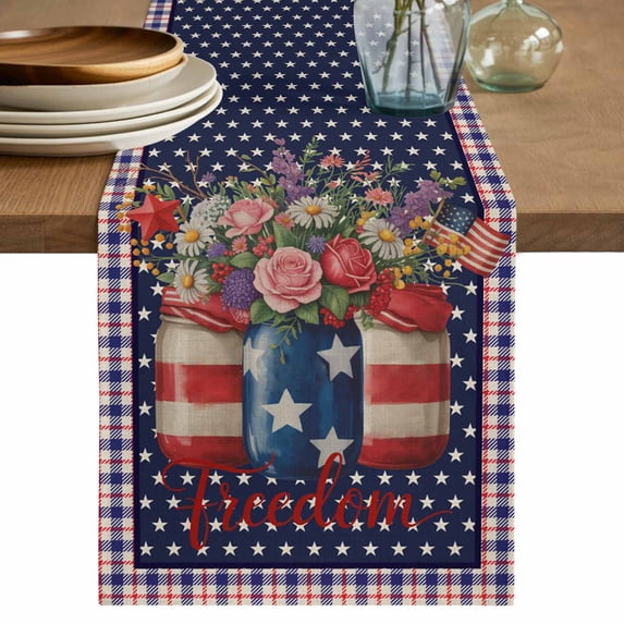 Table Runner 108 Inches Long for Kitchen Dining, Independence Day Dresser Scarf Farmhouse, Dining Table Decorations for Wedding/Parties, US Flag Stars Spring Flowers Retro Blue 13 x 108 In