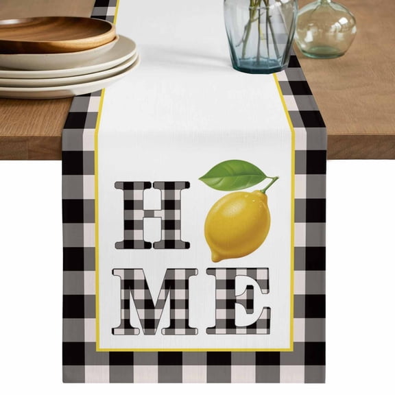 Table Runner 108 Inches Long for Kitchen Dining, Lemon Dresser Scarf Farmhouse, Dining Table Decorations for Wedding/Parties, Summer Botanical Black White Plaid Pastoral 13 x 108 In
