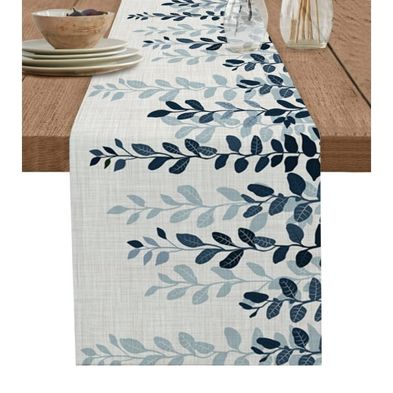 Table Runner 108 Inches Long for Kitchen Dining, Navy Blue Ombre Botanical Dresser Scarf Farmhouse, Dining Table Decorations for Wedding/Parties, Watercolor Pastoral Leaf Rustic 13 x 108 In