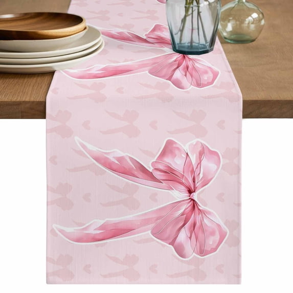 Table Runner 108 Inches Long for Kitchen Dining, Pink Bow Dresser Scarf Farmhouse, Dining Table Decorations for Wedding/Parties, Cute Watercolor Girls Cartoon Luxury 13 x 108 In