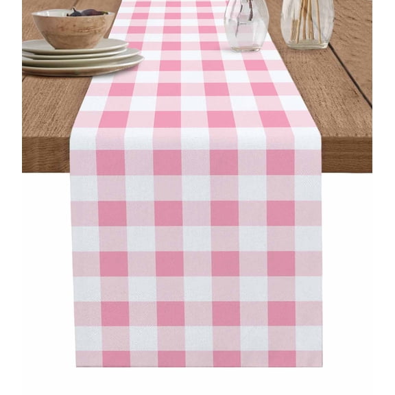 Table Runner 108 Inches Long for Kitchen Dining, Pink Checkered Dresser Scarf Farmhouse, Dining Table Decorations for Wedding/Parties, Pink White Buffalo Plaid 13 x 108 In