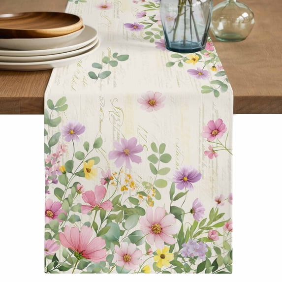 Table Runner 108 Inches Long for Kitchen Dining, Pink Purple Flower Dresser Scarf Farmhouse, Dining Table Decorations for Wedding/Parties, Spring Vintage Country Floral Leaf Plant 13 x 108 In