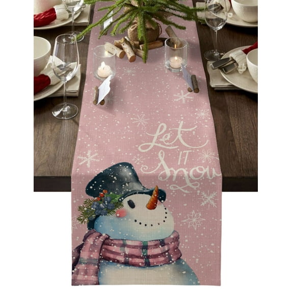 Table Runner 108 Inches Long for Kitchen Dining, Pink Snowman Christmas Dresser Scarf Farmhouse, Dining Table Decorations for Wedding/Parties, Let Snow Xmas Winter Snowflake 13 x 108 In
