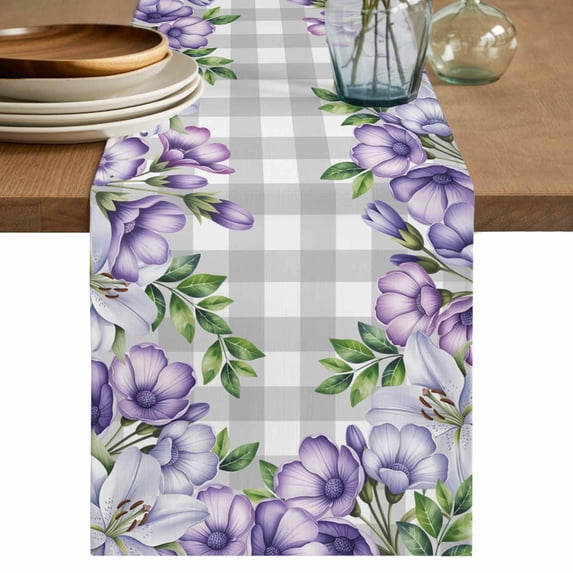 Table Runner 108 Inches Long for Kitchen Dining, Purple Flowers Dresser Scarf Farmhouse, Dining Table Decorations for Wedding/Parties, Spring Floral Leaves Plants Gray Plaid 13 x 108 In
