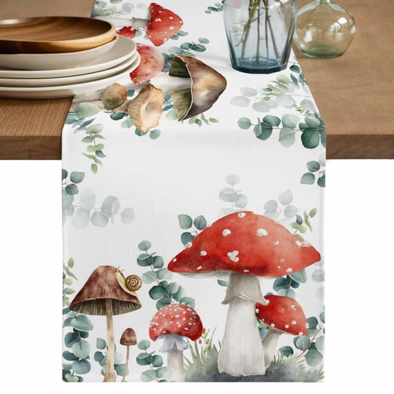 Table Runner 108 Inches Long for Kitchen Dining, Red Mushrooms Dresser Scarf Farmhouse, Dining Table Decorations for Wedding/Parties, Eucalyptus Leaves Summer Botanical Watercolor 13 x 108 In