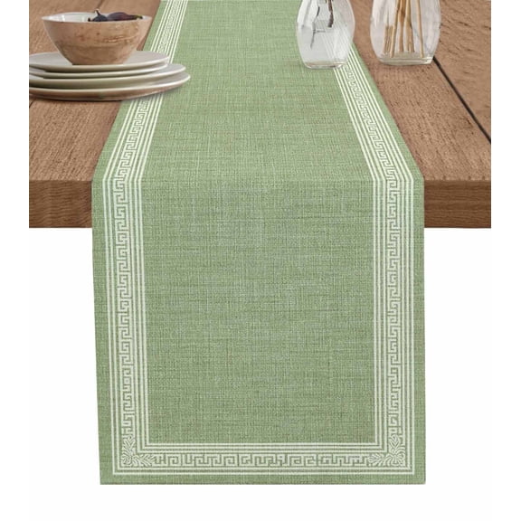 Table Runner 108 Inches Long for Kitchen Dining, Sage Green Geometric Dresser Scarf Farmhouse, Dining Table Decorations for Wedding/Parties, White Greek Key Design Burlap Modern Art 13 x 108 In