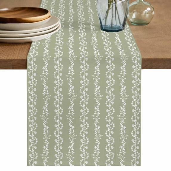 Table Runner 108 Inches Long for Kitchen Dining, Sage Green Spring Leaves Dresser Scarf Farmhouse, Dining Table Decorations for Wedding/Parties, Pastoral Botanical Striped Flowers 13 x 108 In
