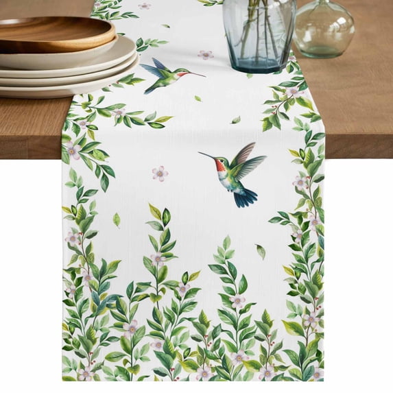 Table Runner 108 Inches Long for Kitchen Dining, Spring Botanical Dresser Scarf Farmhouse, Dining Table Decorations for Wedding/Parties, Watercolor Leaves Flowers Birds Country 13 x 108 In