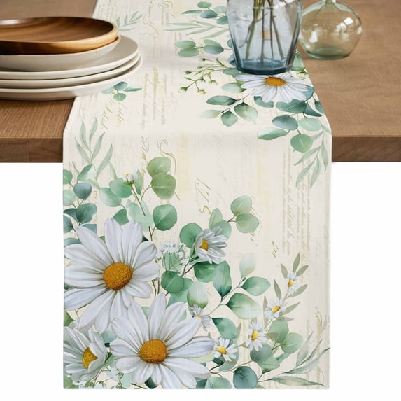 Table Runner 108 Inches Long for Kitchen Dining, Spring Floral Daisy Dresser Scarf Farmhouse, Dining Table Decorations for Wedding/Parties, Eucalyptus Leaves Watercolor Botanical 13 x 108 In