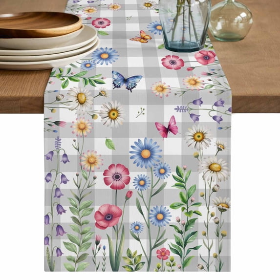 Table Runner 108 Inches Long for Kitchen Dining, Spring Floral Dresser Scarf Farmhouse, Dining Table Decorations for Wedding/Parties, Grey Plaid Pink Blue Flowers Butterfly 13 x 108 In